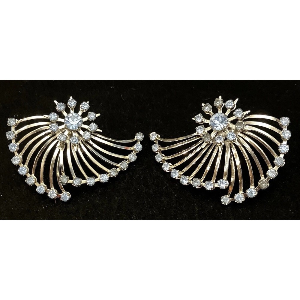 VTG Clip On Earrings Blue Crystals Silver Tone Rotating Fan Wing Estate Jewelry